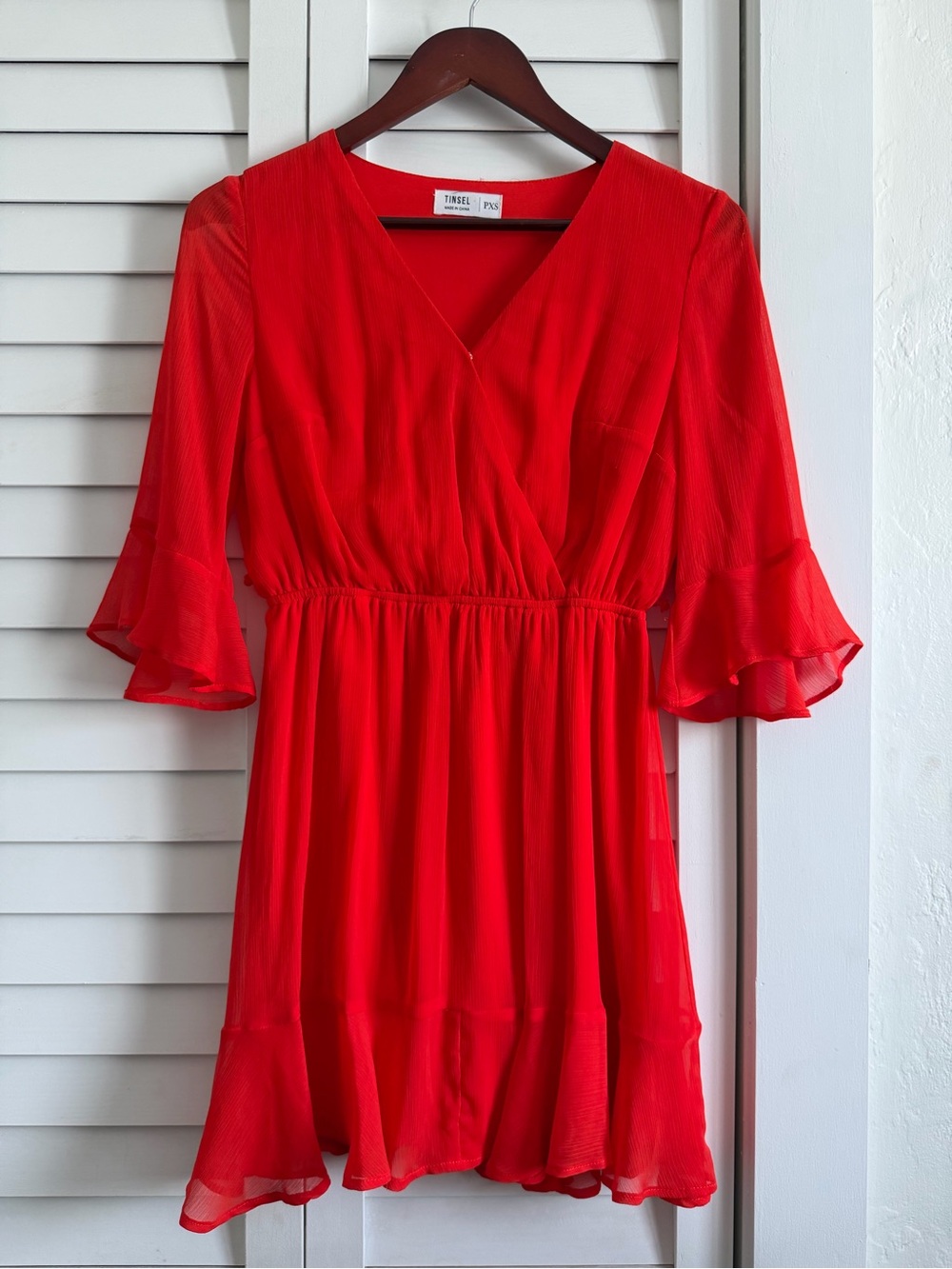 Tinsel Red V-Neck Mini Dress with Ruffle Sleeves